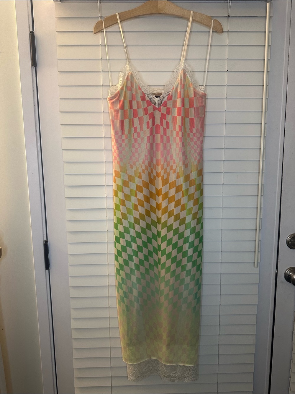 AFRM Multicolor Checkerboard Slip Midi Dress with Lace Trim - Picture 3 of 6